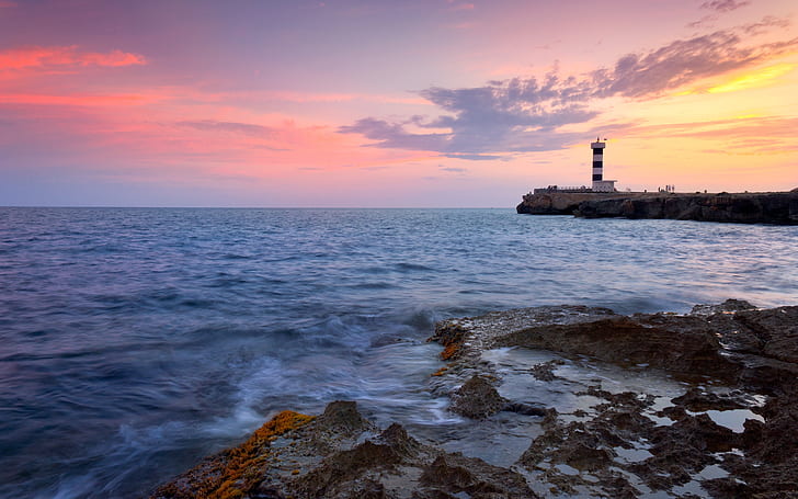 Sunset Lighthouse, sun, lighthouse, ocean, rocks, HD wallpaper