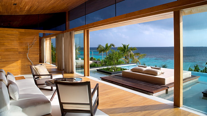 море, луксозни домове, плаж, басейн, архитектура, Малдиви, тропически, курорт, лято, палми, HD тапет
