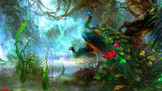 pavone, artistico, arte, opere d'arte, pavoni, lago, verde, natura, uccello, pittura arte, favoloso, pavone, pittura, Sfondo HD HD wallpaper