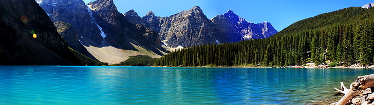plan d'eau et pins, eau, lac, montagnes, arbres, ciel, Fond d'écran HD