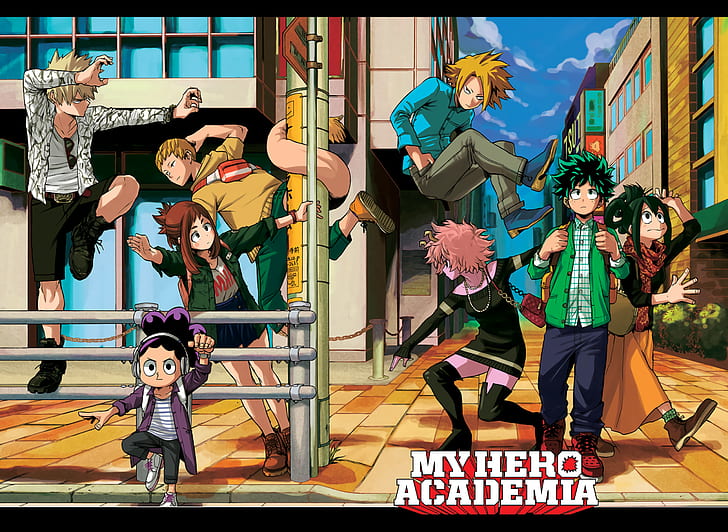 Boku no Hero Academia, Midoriya Izuku, Tsuyu Asui, Uraraka Ochako, Bakugō Katsuki, HD wallpaper