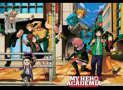 Boku no Hero Academia, Midoriya Izuku, Tsuyu Asui, Uraraka Ochako, Bakugō Katsuki, Wallpaper HD HD wallpaper