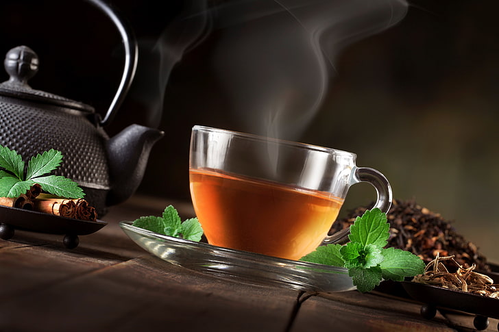 clear glass cup and saucer, tea, kettle, couples, Cup, leaves, cinnamon, mint, welding, HD wallpaper