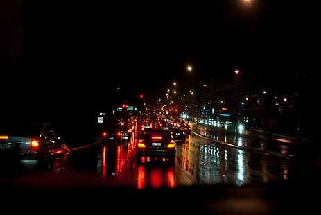 مركبة سوداء ، حركة مرور ، طريق ، مدينة ليلية، خلفية HD HD wallpaper