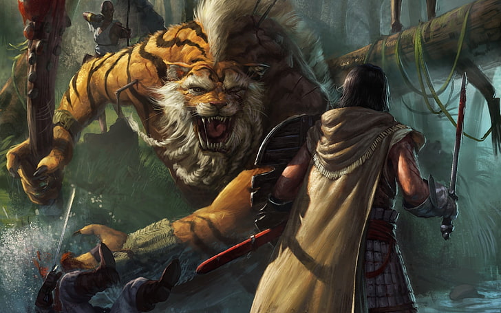 рицар, който се бори с тигър цифрови тапети, произведения на изкуството, тигър, меч, джунгла, дървета, воин, наметала, броня, HD тапет
