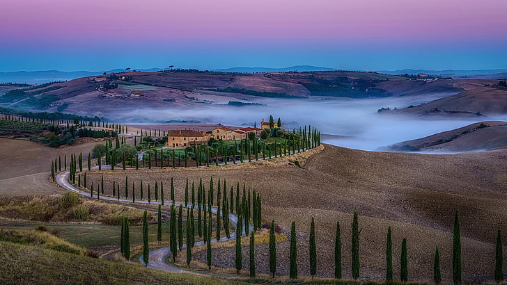 baccoleno, tuscany, mist, castle, road, crete senesi, podere baccoleno, autumn, agriturismo baccoleno, siena, italy, asciano, cypresses, cypress, picturesque, foggy, val dorcia, valdorcia, landscape photography, hill, village, pathway, nature, sky, dawn, hills, highland, morning, fog, countryside, horizon, rolling hills, mountain, atmosphere, cloud, landscape, rural area, HD wallpaper