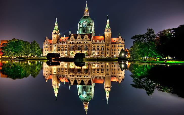 Hannover, Germany, night, house, lights, water reflection, Hannover, Germany, Night, House, Lights, Water, Reflection, HD wallpaper