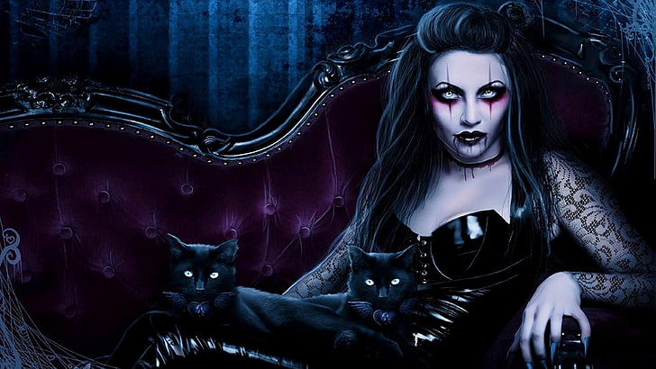 Gothic, cat, vampires, fantasy art, fantasy girl, HD wallpaper