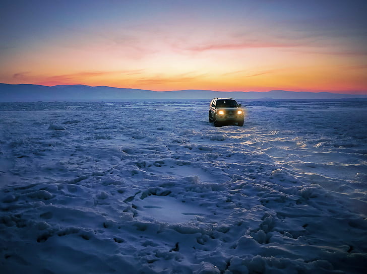 adventure, all terrain vehicle, all wheel drive, auto, automotive, baikalsee, cold, drive, expedition, dom, frost, frozen, ice, iced, landscape, offroad, smoothness, spotlight, vehicle, wide, winter, winter magic, HD wallpaper