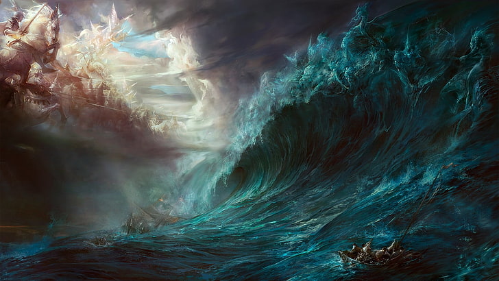 wave wallpaper, fantasy art, sea, boat, waves, battle, gods, artwork, Dehong He, HD wallpaper