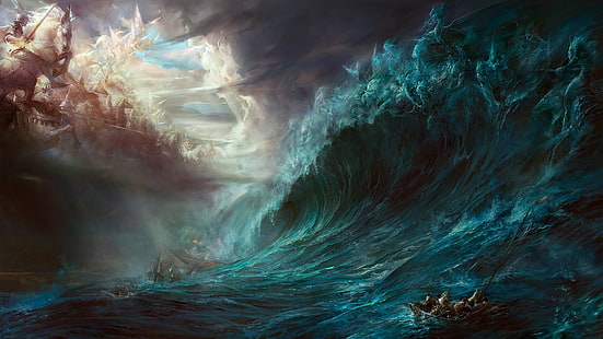 fondo de pantalla de onda, arte de fantasía, mar, barco, olas, batalla, dioses, obra de arte, Dehong He, Fondo de pantalla HD HD wallpaper