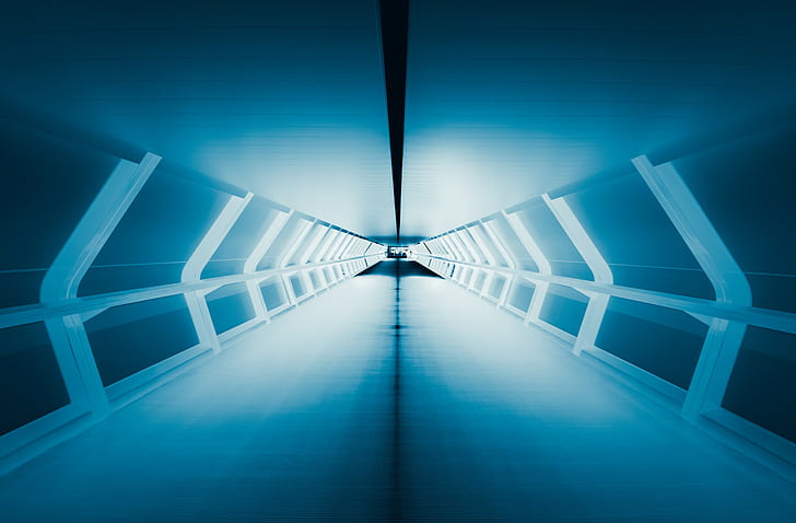 Lumière dans tunnel abstrait, tunnel gris, lumière, tunnel, bleu, perspective, Fond d'écran HD
