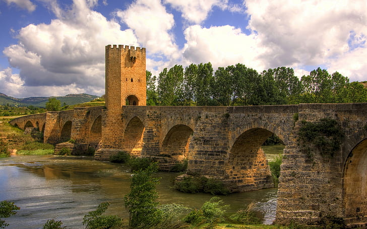 Frias Old Bridge, Burgos, Castilla, Leon, river, blue sky, clouds, landscape, HD wallpaper