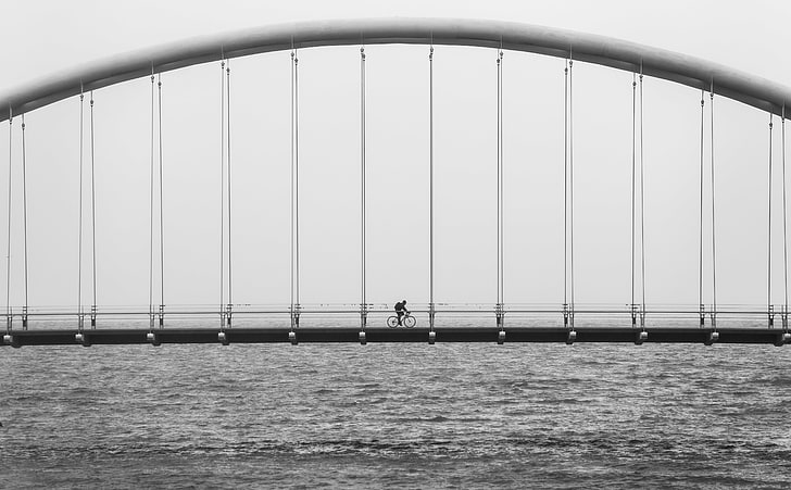 Humber Bay Arch Bridge Black and White, Black and White, River, Water, Bicycle, Architecture, Bridge, Footbridge, Ride, bike, Toronto, Solitude, Pedestrian, blackandwhite, humber, solo, archbridge, HumberRiver, HD wallpaper