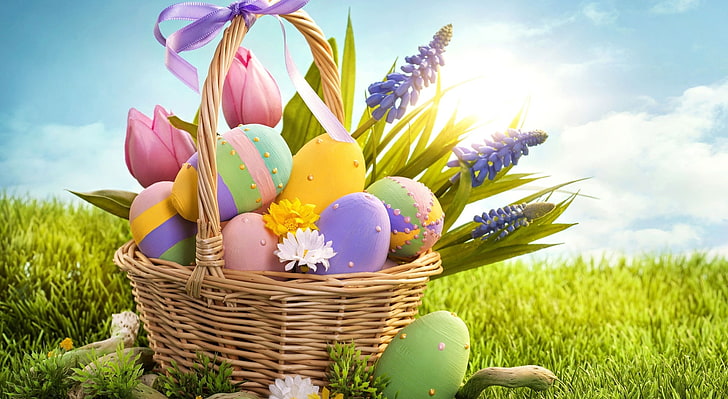 بيض عيد الفصح ، سلة بيض عيد الفصح ، الأعياد ، عيد الفصح ، الربيع ، البيض ، 2014، خلفية HD