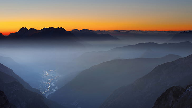 coucher de soleil, montagnes, vallée, Fond d'écran HD