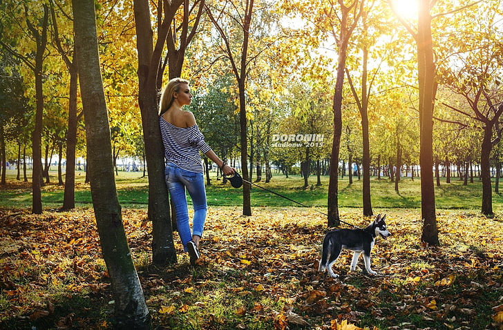черно и бяло кученце сибирско хъски и дамска сива и синя риза с 3/4 ръкави до рамото, есен, листа, момиче, слънце, дървета, парк, дънки, Майк, фигура, прическа, блондинка, каишка, хъски, фотограф, жилетка, кучето, разходки, Денис Доронин, HD тапет