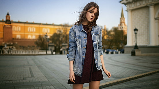 Ksenia Kokoreva, women, Sergey Fat, dress, portrait, women outdoors, jeans jacket, hair in face, HD wallpaper HD wallpaper