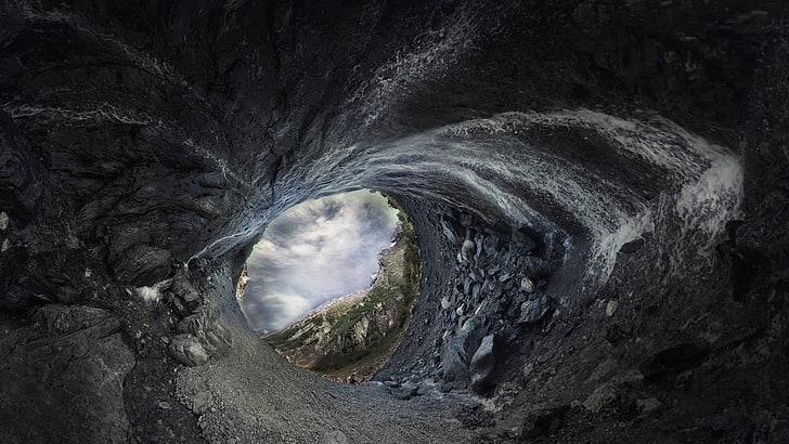 grotta grigia, recinzione in pietra grigia e nera, grotta, natura, nuvole, roccia, pietre, montagne, profondità di campo, Sfondo HD