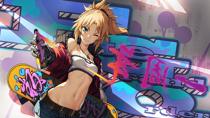 yellow-haired anime character, Fate Series, Fate/Apocrypha, anime girls, Saber of Red, Mordred (Fate/Apocrypha), graffiti, spray can, skateboard, HD wallpaper