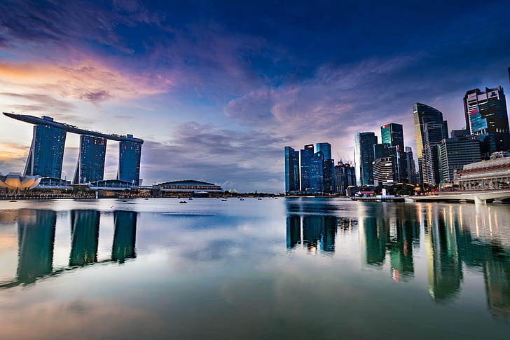 Marina Bay Sand, singapur, singapore, Skyline, Singapur, Marina Bay, Sand, miasto wodne, Azja, niebo, pejzaż miejski, miejski Skyline, architektura, noc, wieżowiec, dzielnica śródmieścia, słynne miejsce, scena miejska, rzeka, zmierzch, odbicie, wieża, nowoczesny, miejski, zbudowany Struktura, biznes, Tapety HD