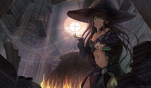 anime, anime girls, hat, witch, witch hat, fantasy girl, HD wallpaper HD wallpaper