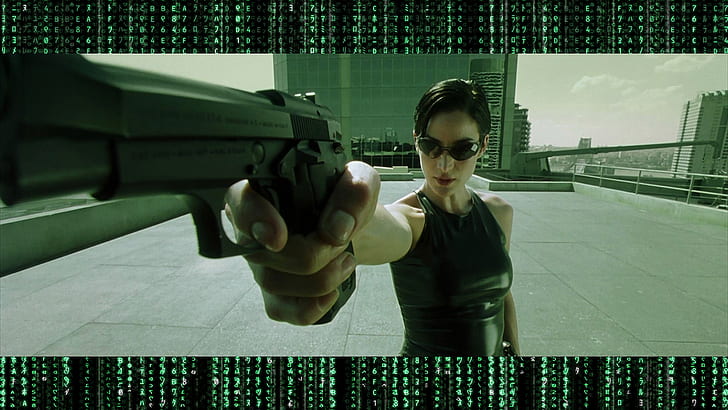 Handgun The Matrix Green Trinity HD, movies, green, the, handgun, matrix, trinity, HD wallpaper