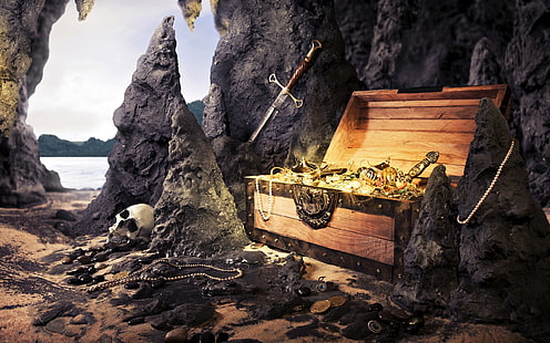 treasure chest full of gold illustration, weapon, treasure, gold, skull, sword, fantasy art, HD wallpaper HD wallpaper