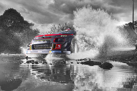 The sky, Water, Sport, Speed, Puddle, Citroen, Squirt, Lights, WRC, Rally, The front, Black and white, HD wallpaper HD wallpaper