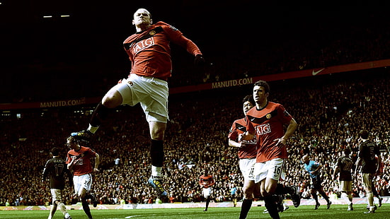 męska czerwona koszulka i białe spodenki, Manchester United, Wayne Rooney, piłka nożna, sport, Tapety HD HD wallpaper