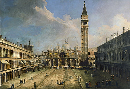 grå spetsigt torn, bild, stadslandskapet, Campanile, Giovanni Antonio Canaletto, Piazza San Marco i Venedig, HD tapet HD wallpaper