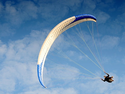 white and black paragliding, parachute, jump, flight, sportsman, sky, HD wallpaper HD wallpaper