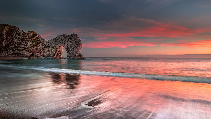 Erde, Durdle Door, Strand, England, Horizont, Ozean, Meer, Sonnenuntergang, HD-Hintergrundbild