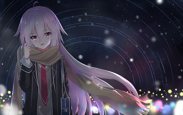 anime, anime girls, Vocaloid, crying, long hair, night, pink hair, pink eyes, stars, tears, tie, HD wallpaper