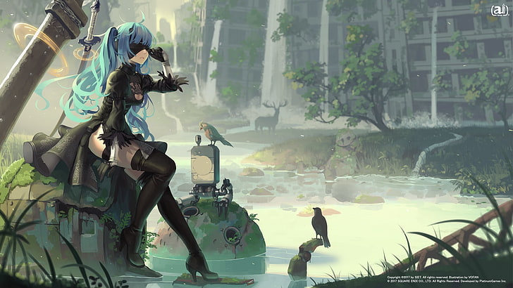 blue haired female character, video games, NieR, Nier: Automata, 2B, 2B (Nier: Automata), anime, thighs, anime girls, thigh-highs, pigtails, blue hair, lake, apocalyptic, cleavage, sword, birds, crossover, Hatsune Miku, Vocaloid, blindfold, high heels, ruin, overgrown, HD wallpaper