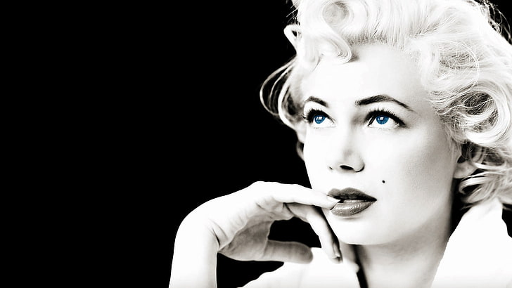 women, blonde, long hair, face, portrait, actress, looking up, selective coloring, blue eyes, finger on lips, legend, black background, old photos, Michelle Williams, Marilyn Monroe, HD wallpaper