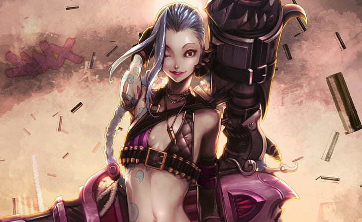 purple-haired female anime character carrying cannon wallpaper, League of Legends, Jinx (League of Legends), HD wallpaper