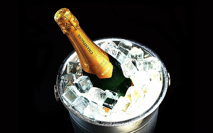 champagne, wine, bottles, ice bucket, dark background, HD wallpaper
