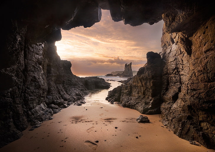 beach, cave, Australia, sand, rock, sea, sunset, clouds, nature, landscape, HD wallpaper