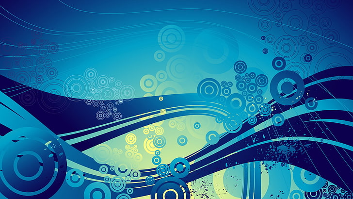 skateboard cetak bunga biru dan putih, seni digital, CGI, abstrak, biru, lingkaran, gelombang, garis bergelombang, latar belakang biru, Wallpaper HD