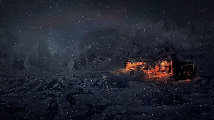 snow covered house, fantasy art, snow, lights, north pole, HD wallpaper