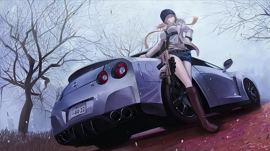 anime anime girls nissan gtr maschinengewehr, HD-Hintergrundbild HD wallpaper