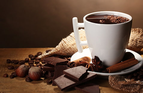 Храна, горещ шоколад, шоколад, канела, чаша, натюрморт, HD тапет HD wallpaper