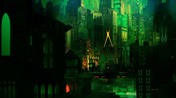 Транзистор, зеленый, город, иллюстрация здания города, транзистор, зеленый, город, HD обои