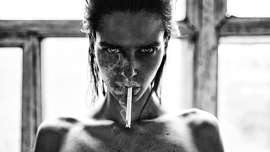 fumar, mujeres, cara, cigarrillos, monocromo, Aleksey Trifonov, Fondo de pantalla HD HD wallpaper