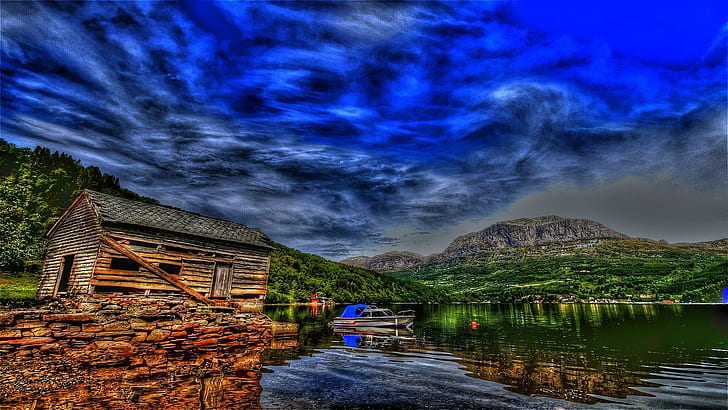 Amazing Lakescape Hdr, mountain, lake, boat, clouds, boathouse, nature and landscapes, HD wallpaper