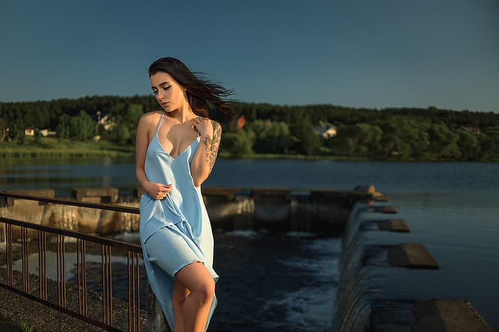 girl, cleavage, long hair, dress, legs, landscape, breast, photo, photographer, water, lake, model, tattoo, lips, face, brunette, piercing, chest, black hair, portrait, mouth, wavy hair, strap, closed eyes, looking at camera, depth of field, bare shoulders, looking at viewer, windy, hair in the wind, pierced lip, Dmitry Medved, Aleksa Tereschuk, HD wallpaper