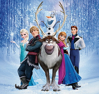 Обои Disney Frozen, снег, снежинки, лед, олень, снеговик, Frozen, принцесса, королевство, Анна, королева, Уолт Дисней, анимация, 2013, Эльза, Холодное сердце, Олаф, Ганс, Кристофф, Ледяной замок, Аренделла, Арундел, Свен, HD обои HD wallpaper