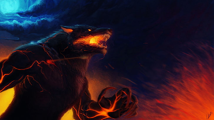 flame, wolf, predator, wool, rage, mouth, claws, fangs, pain, the full moon, werewolf, art, wounded, burning eyes, cloudy night, mater, Cherchen99, HD wallpaper