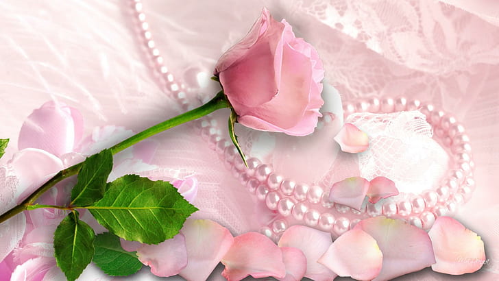Precious Pink Petals, pink rose, feminine, satin, flower, mothers day, luxurious, lace, love, pearls, petals, nature and land, HD wallpaper